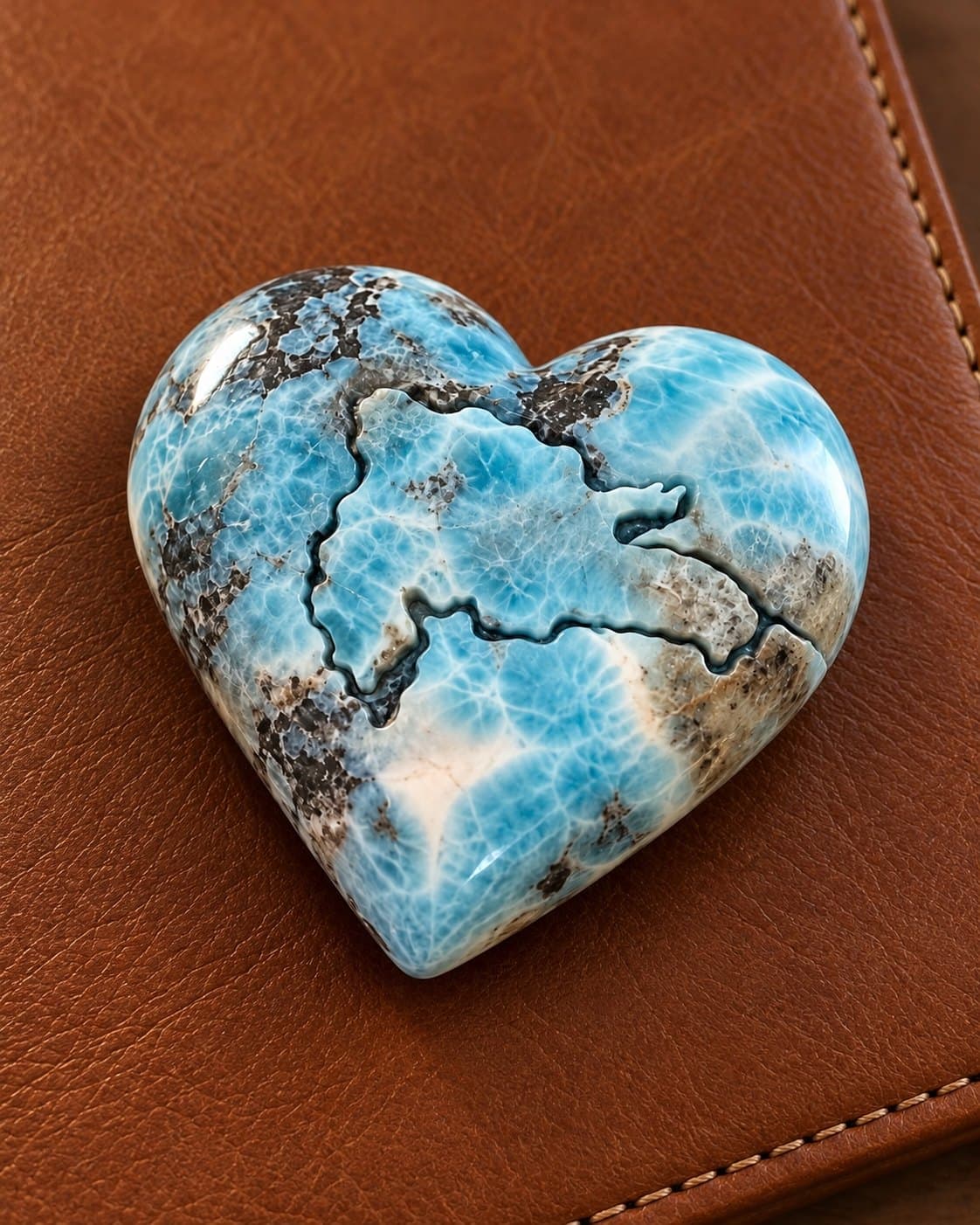 Larimar heart with the map of the Dominican Republic carved on it